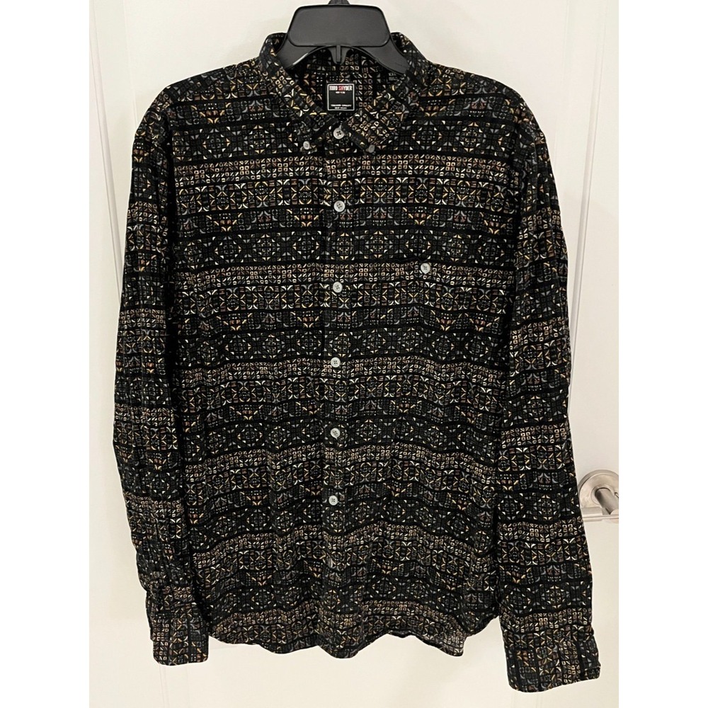 Todd Snyder Mens Black Geometric Print Corduroy Long Sleeve Button Shirt XXL 2XL